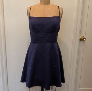 Navy Blue Satin Fit and Flare Dress